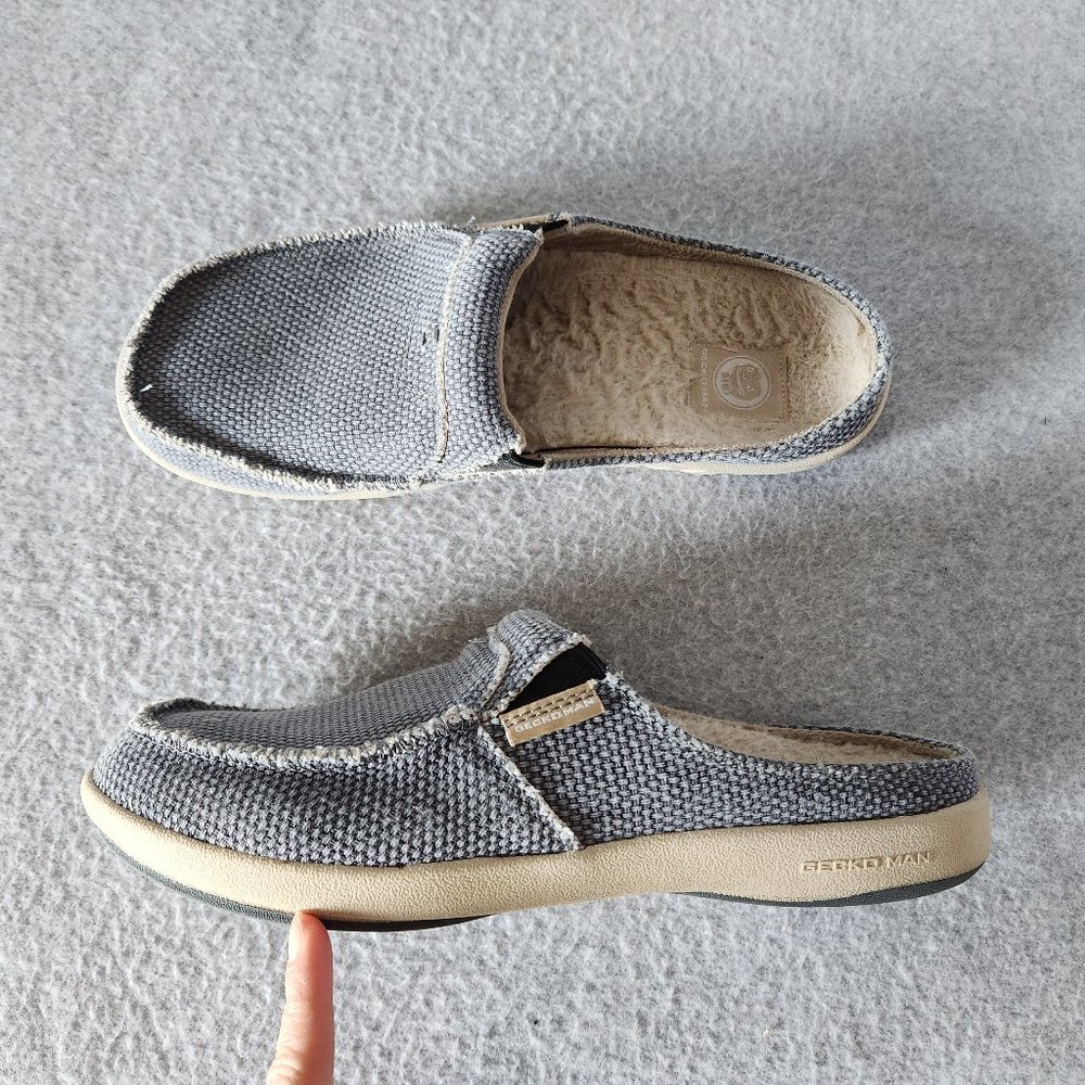 Gecko Man Arch Support Canvas House Slipper Comfort Fleece Insole Blue-Grey